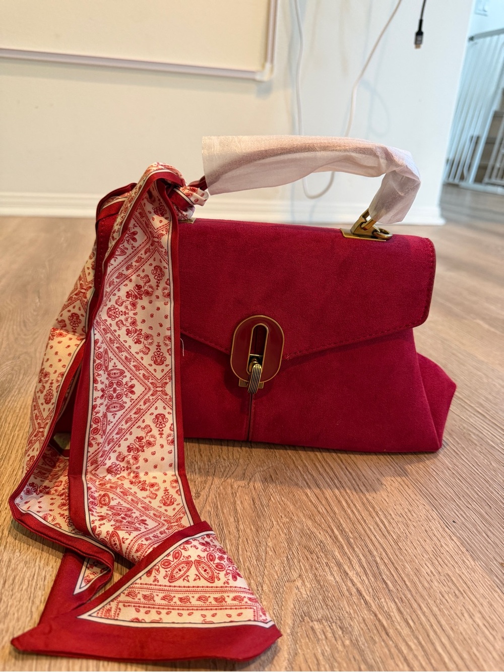 Red Suede Top-Handle Satchel with Scarf Accent